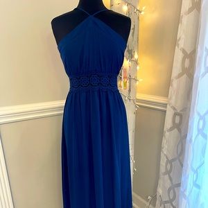 NWT GIANNI BINI Blue Event Floor length Crochet Detail Halter Strapping at Neck